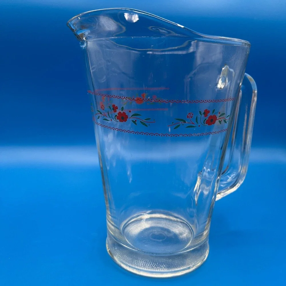 Vintage Glass Pitcher and 5 Tumbler Set Red Floral Vine Scallop Clear 6pc Set